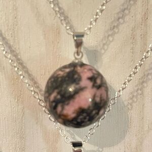 Rhodonite black vein pink mini sphere pendant 18” silver plated necklace crystal